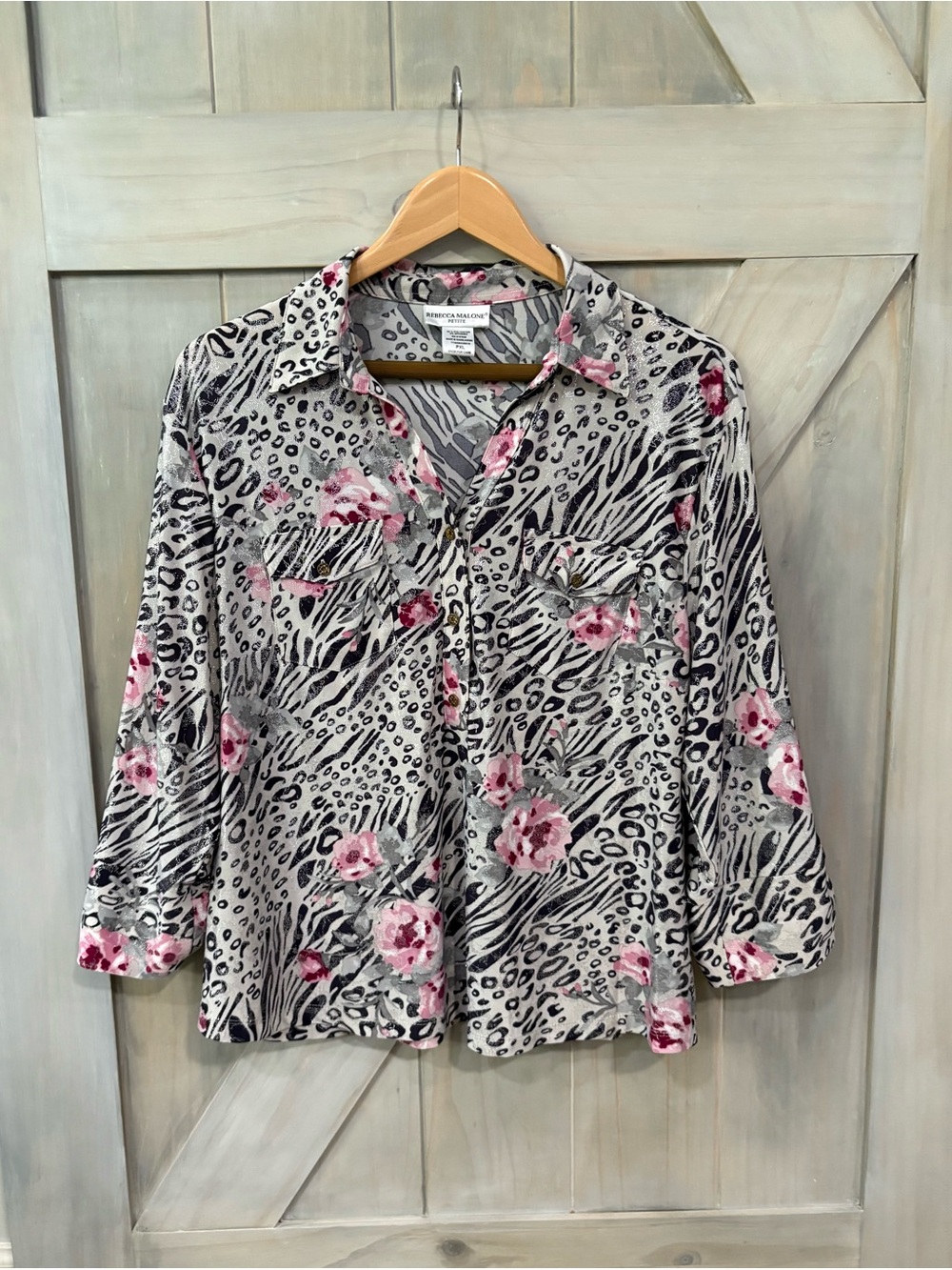 Navy Animal-Print 3-Button Front Top with Pink Floral and Silver Accents